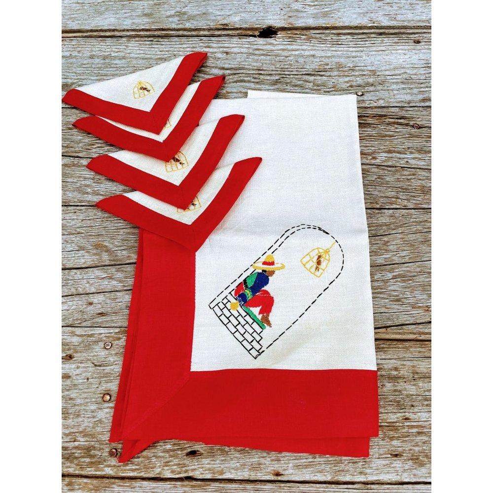 Vintage 1940s Linen Luncheon Tablecloth Napkins Man Sombrero Birdcage Embroidery - Picture 8 of 11